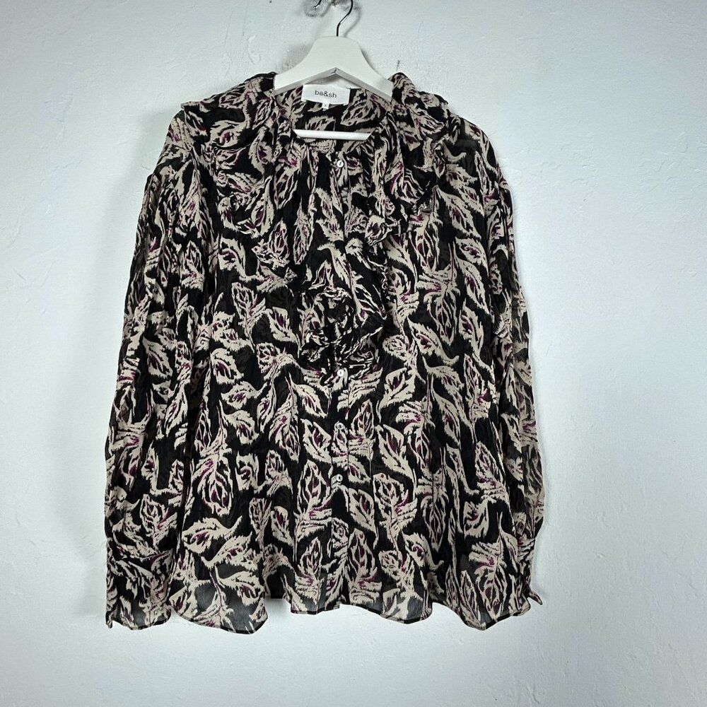 Ba&Sh Womens Black Leaf Print Long Sleeve Button-Up Genny Ruffle Blouse Size 2